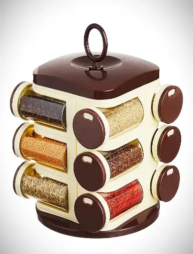 Wooden spice rack with glass jars